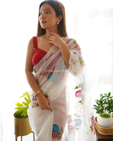 White Hand Printed & Cutwork Pure Organza Silk Saree